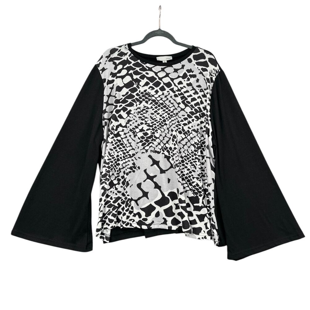 LUUKSE Black And White‎ Abstract Print Bell Sleeves Long Sleeve Top Extra Large